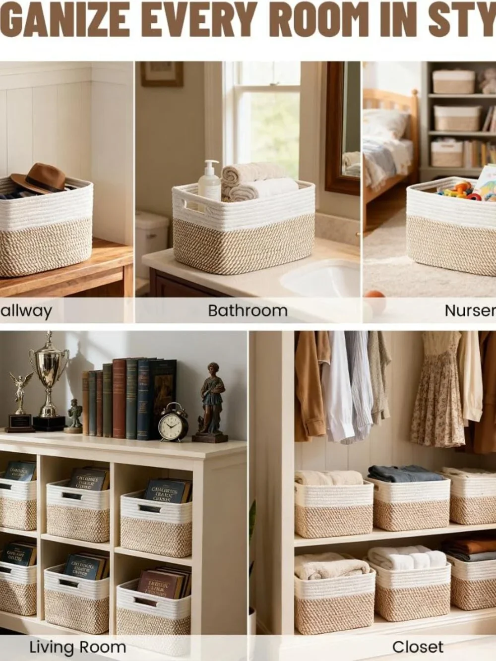 New 5 Pack Woven Storage Baskets, Decorative Storage Bins for Organizing